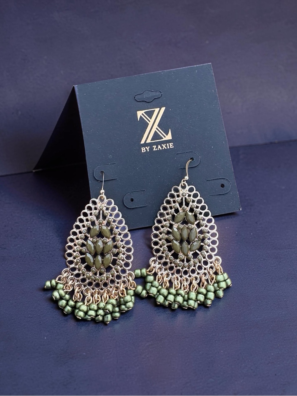 Zaxie Olive Green Filigree Drop Earrings